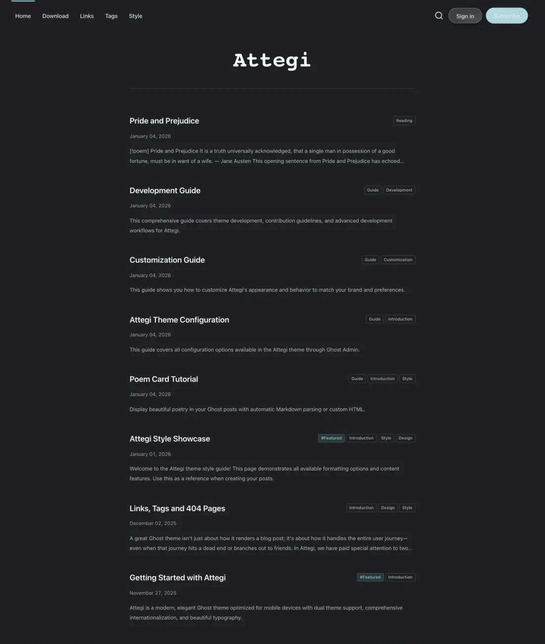 Attegi homepage in dark mode